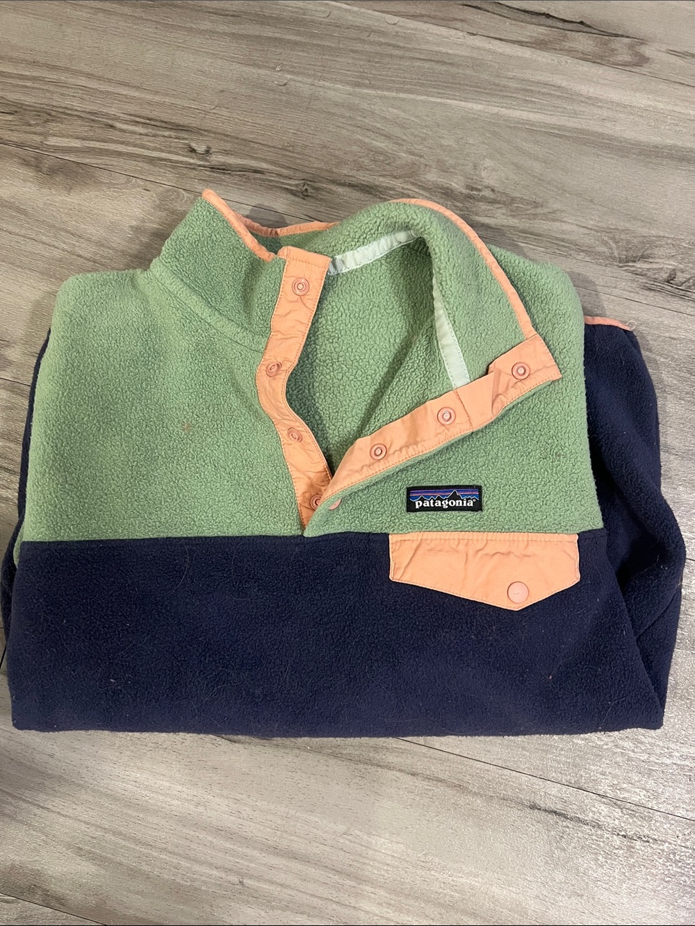 Patagonia Colorblock Snap-T Pullover — Green, Navy & Peach Trim
